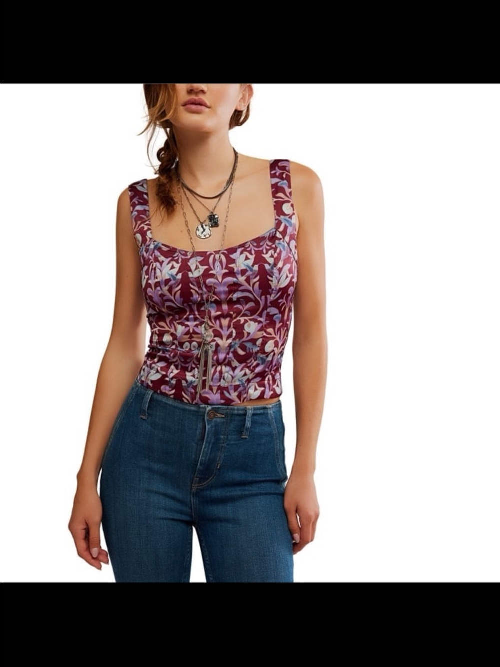NWT free people women’s grace sleeveless floral print corset top Cabernet L